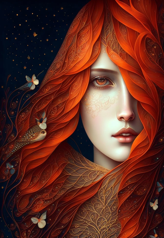 Illustrated woman with red hair, golden patterns, butterflies, bird, starry background