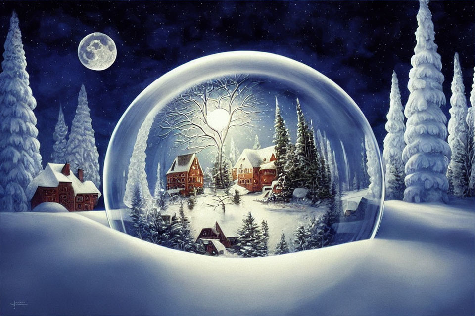 Snowy village in transparent bubble under full moon