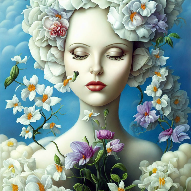 Surreal portrait of woman with flower hair on blue background