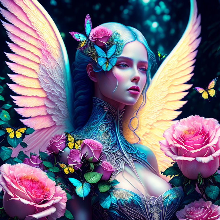 Fantastical female figure with wings, flowers, and butterflies on dark, starry backdrop