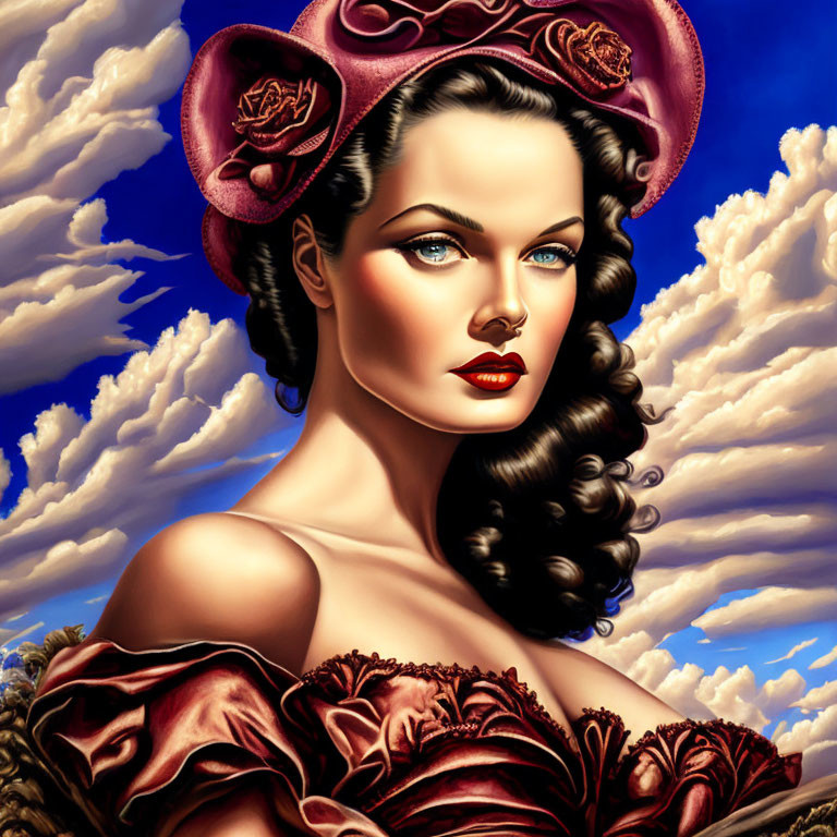 Illustrated portrait of a woman with wavy hair and rose-adorned hat in red dress against