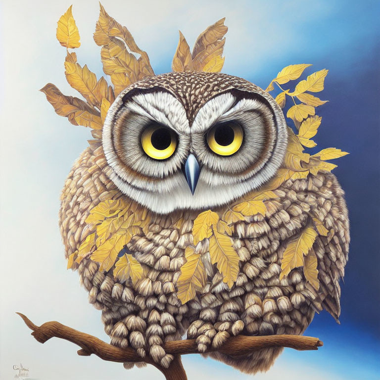 Brown and White Owl Perched on Branch with Yellow Leaves in Feathers