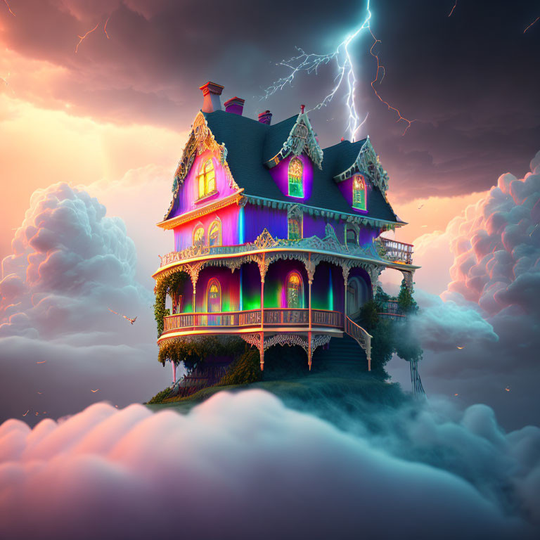 Victorian house on clouds with colorful lights under stormy sky