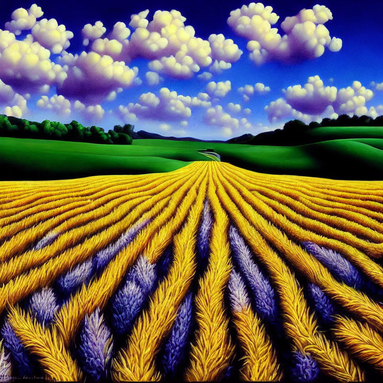 Colorful painting of wheat fields, green hills, and blue sky with clouds