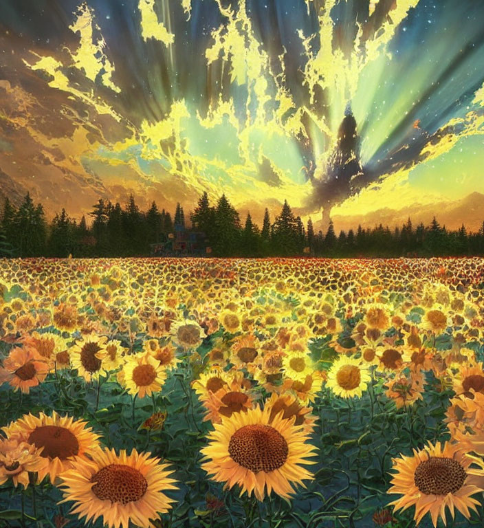 Sunflower Field Painting with Sunset Sky and Forest Background