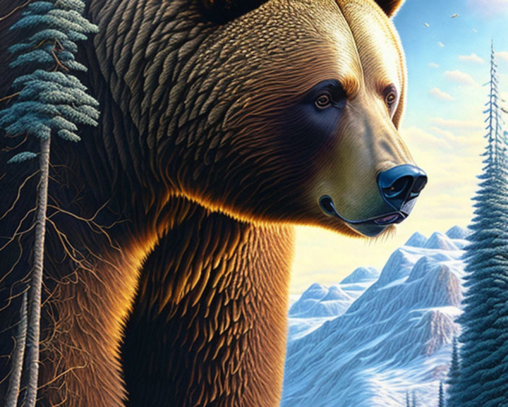 Surreal illustration: Giant bear with landscape on body, smaller bear, mountains, trees, lake