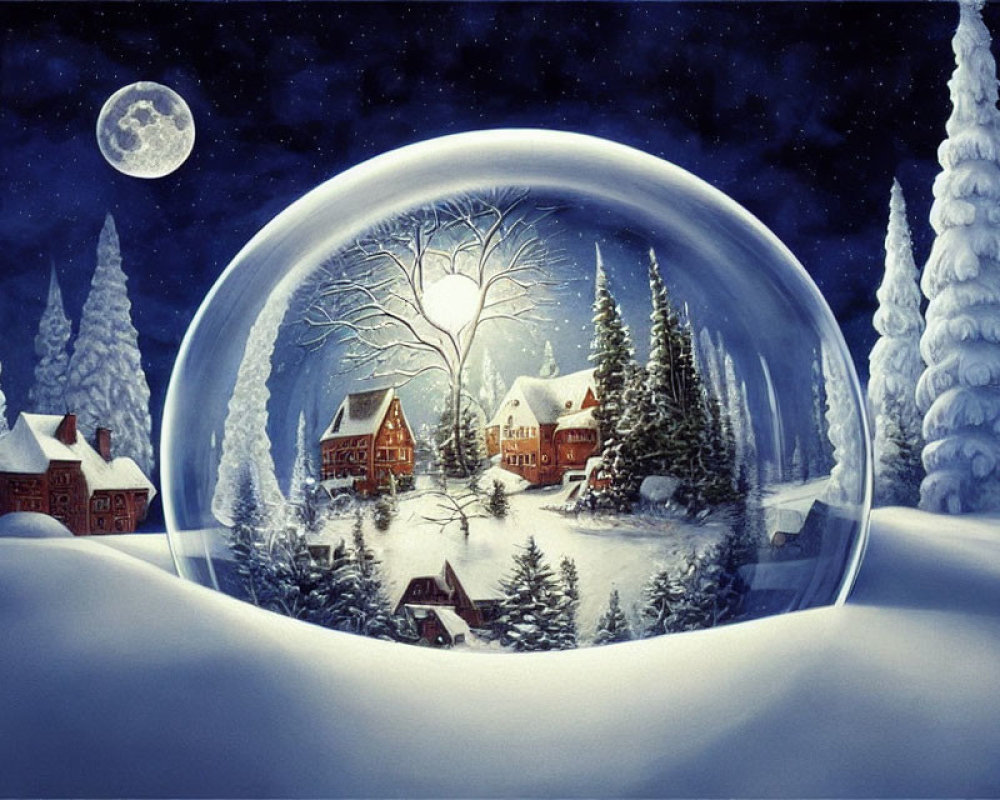 Snowy village in transparent bubble under full moon