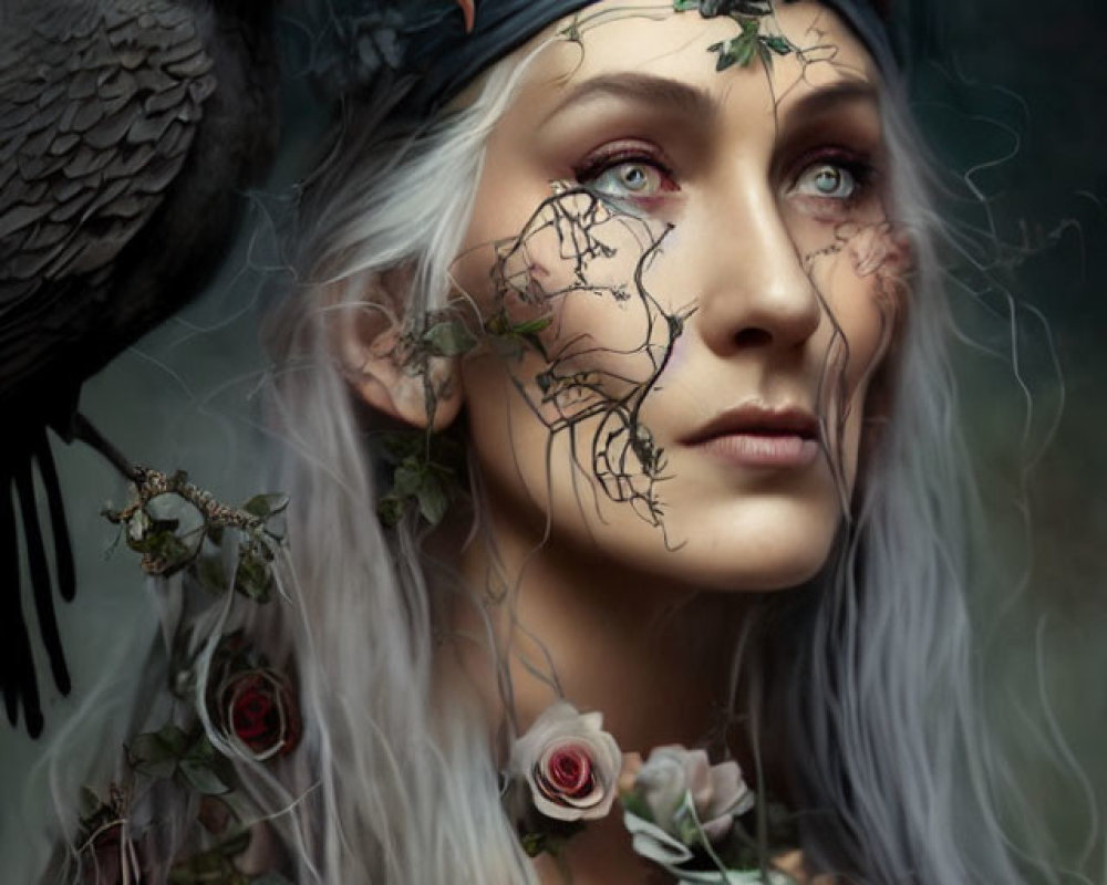 Mystical woman with floral headpiece and raven on dark background