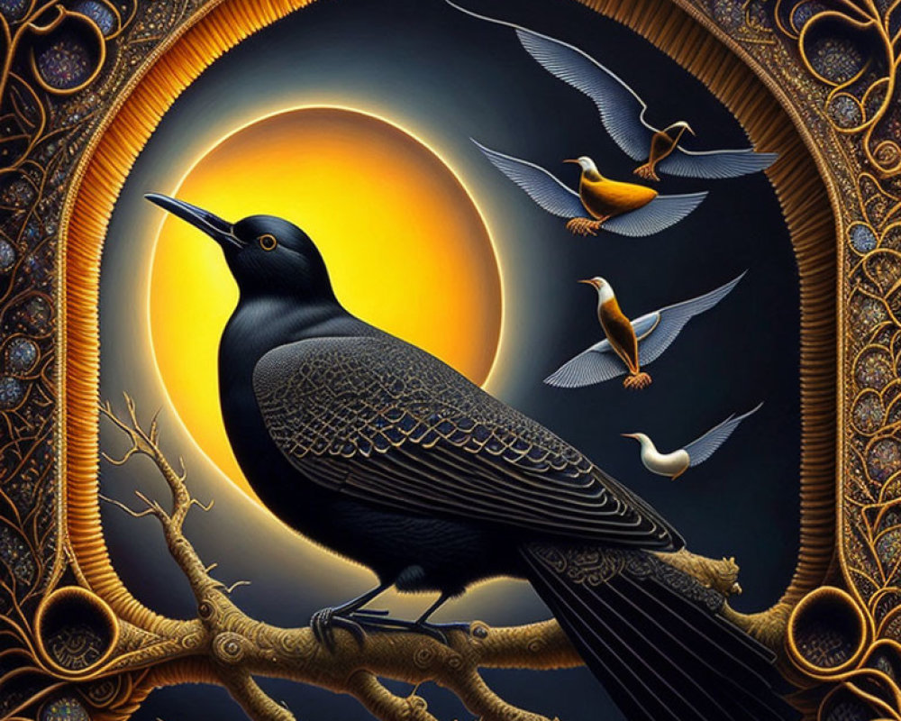 Detailed artwork: Large blackbird, radiant sun, golden ornate patterns, smaller birds in flight
