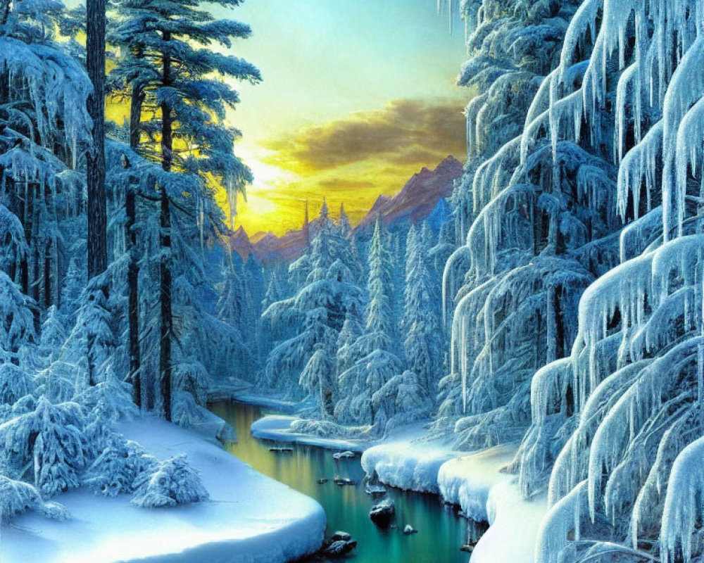 Snow-covered Trees and Icicles in Tranquil Winter Landscape
