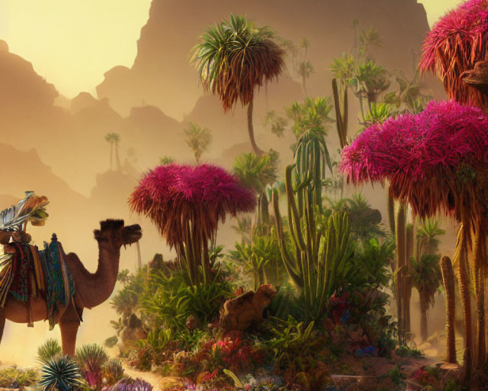 Desert oasis with palm trees, cacti, camel, and mountain.
