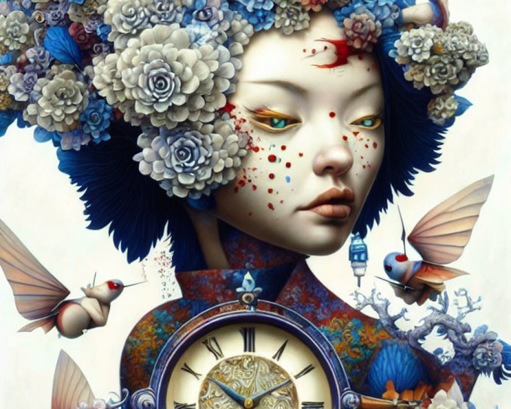 Surreal portrait of woman with floral, butterfly motifs, freckles, timepiece, hint