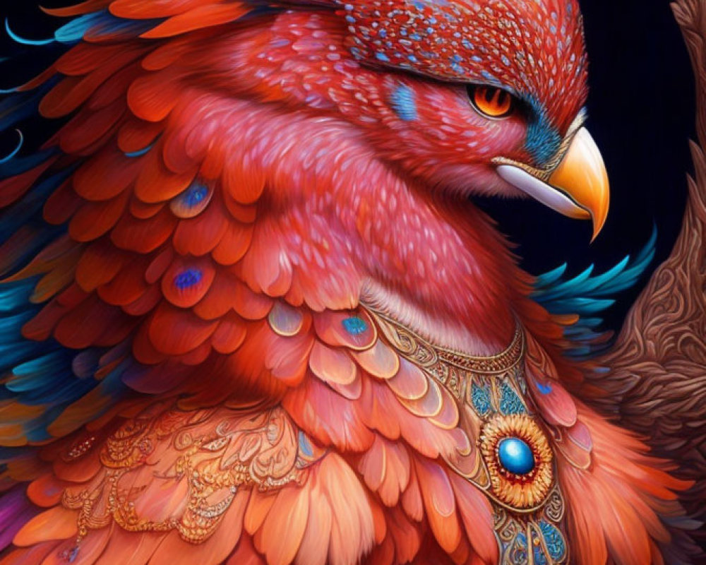 Colorful Fantastical Bird with Red and Blue Plumage and Intricate Feather Patterns