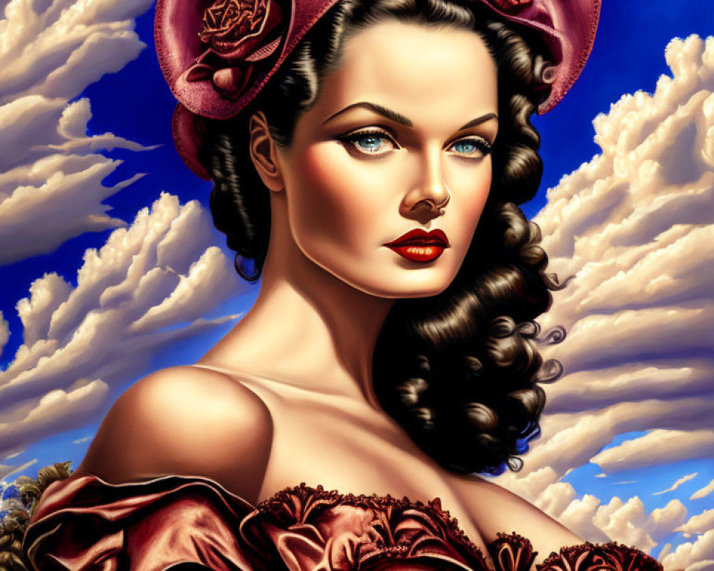 Illustrated portrait of a woman with wavy hair and rose-adorned hat in red dress against