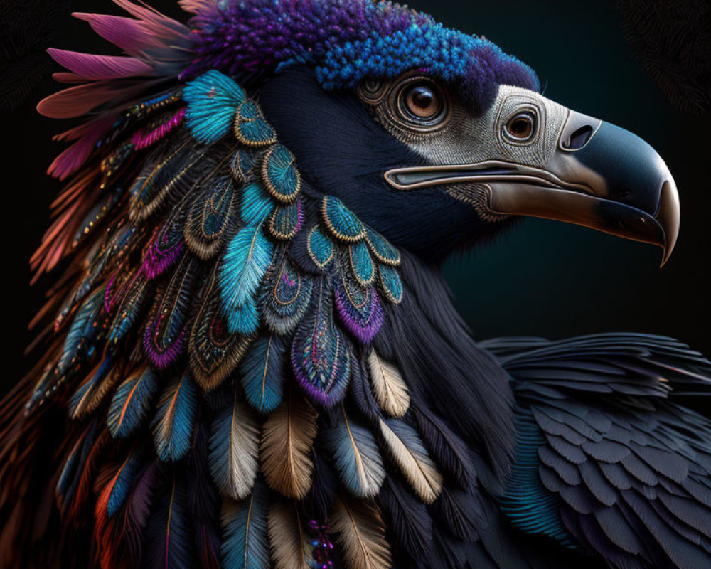 Stylized bird digital artwork with vibrant blue and purple feathers