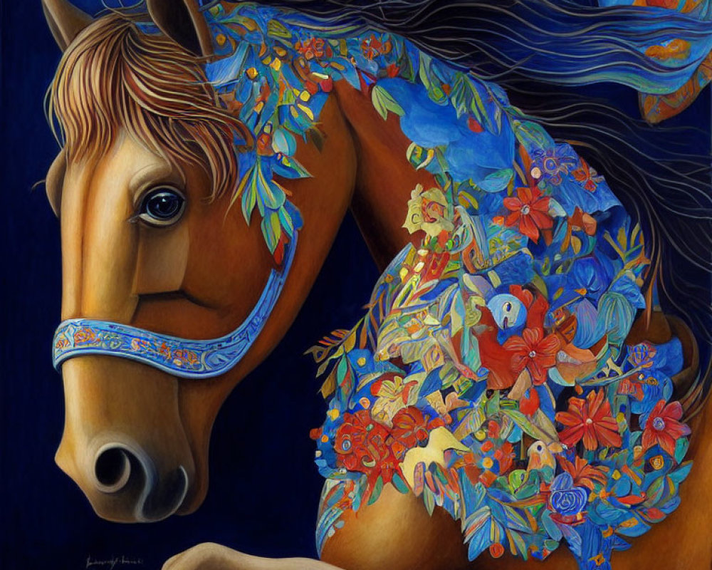 Colorful Horse Illustration with Intricate Floral Mane