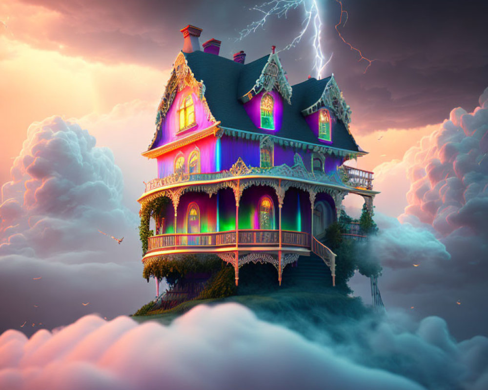 Victorian house on clouds with colorful lights under stormy sky