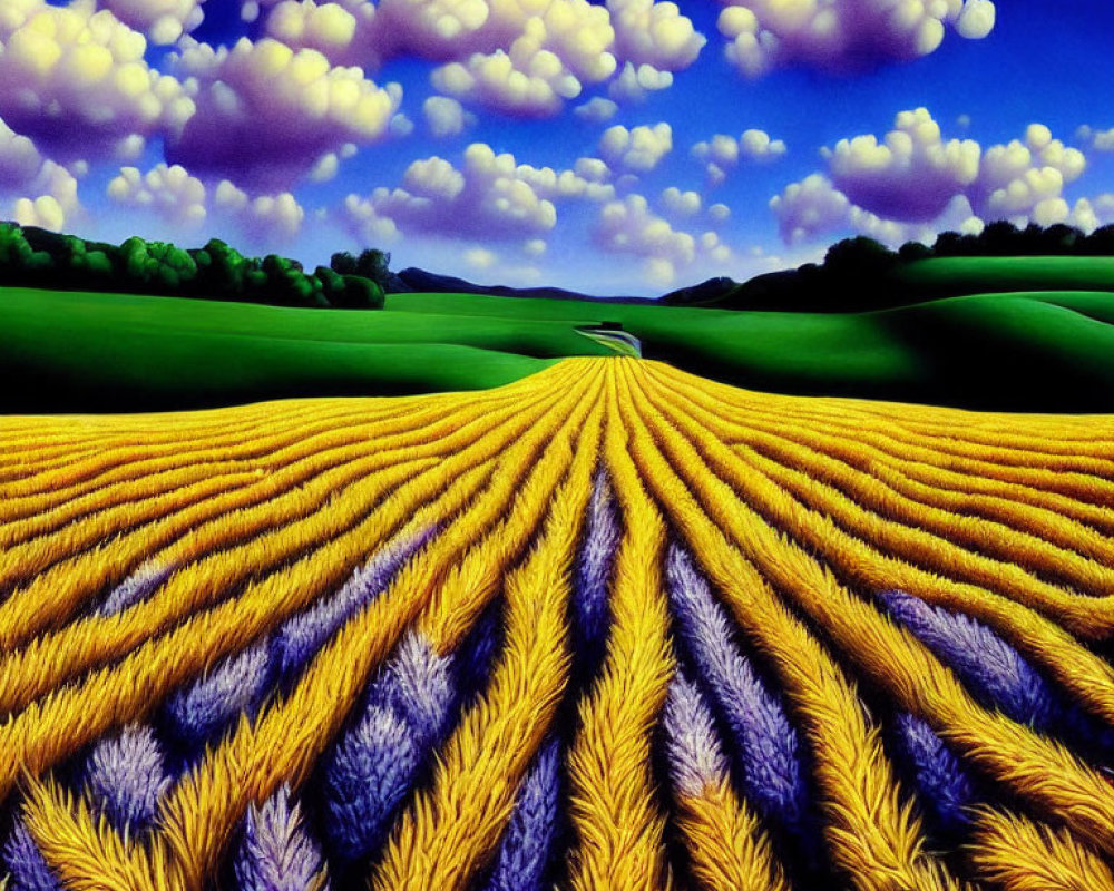 Colorful painting of wheat fields, green hills, and blue sky with clouds