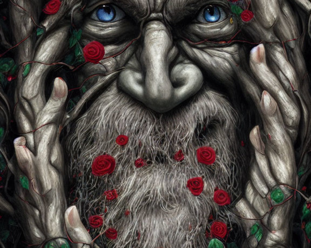 Illustration of wise, bearded entity blending with branches and roses