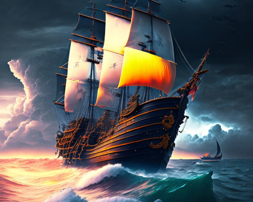 Majestic sailing ship with illuminated sails in stormy seas at sunset