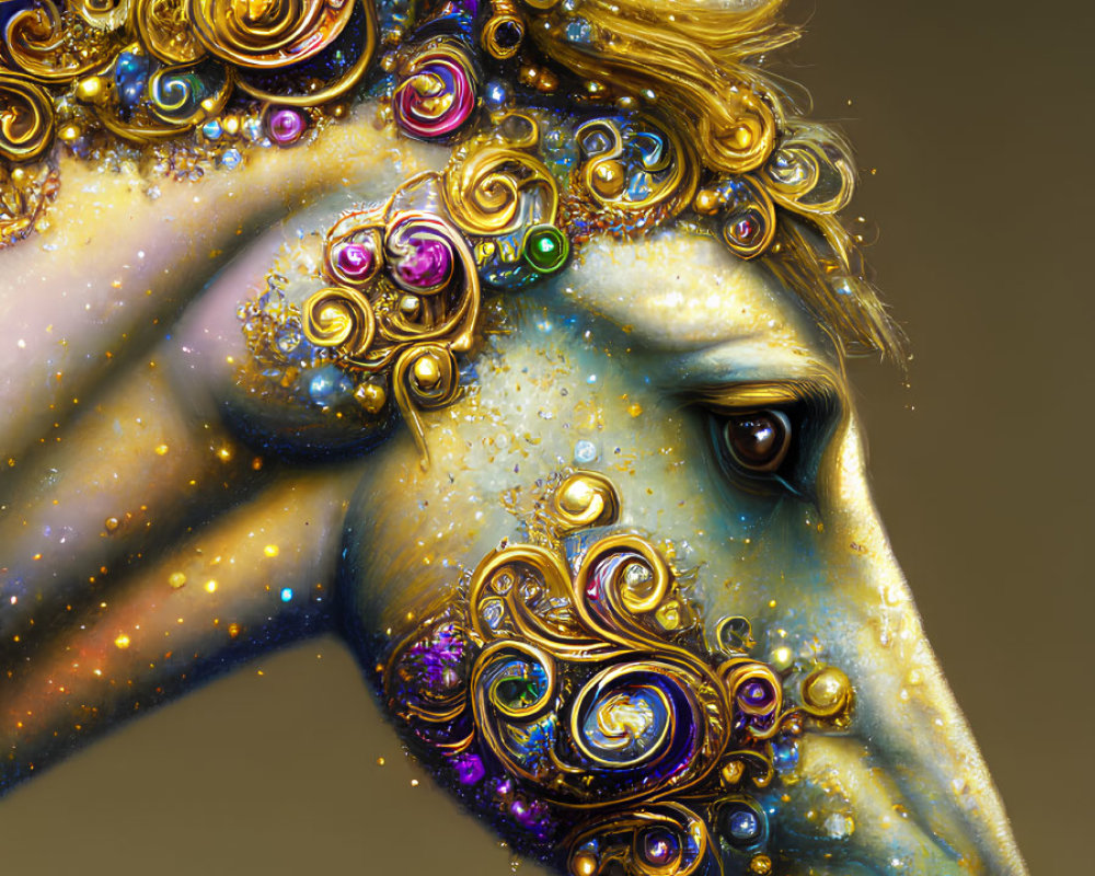 Detailed horse head illustration with cosmic patterns and golden ornaments