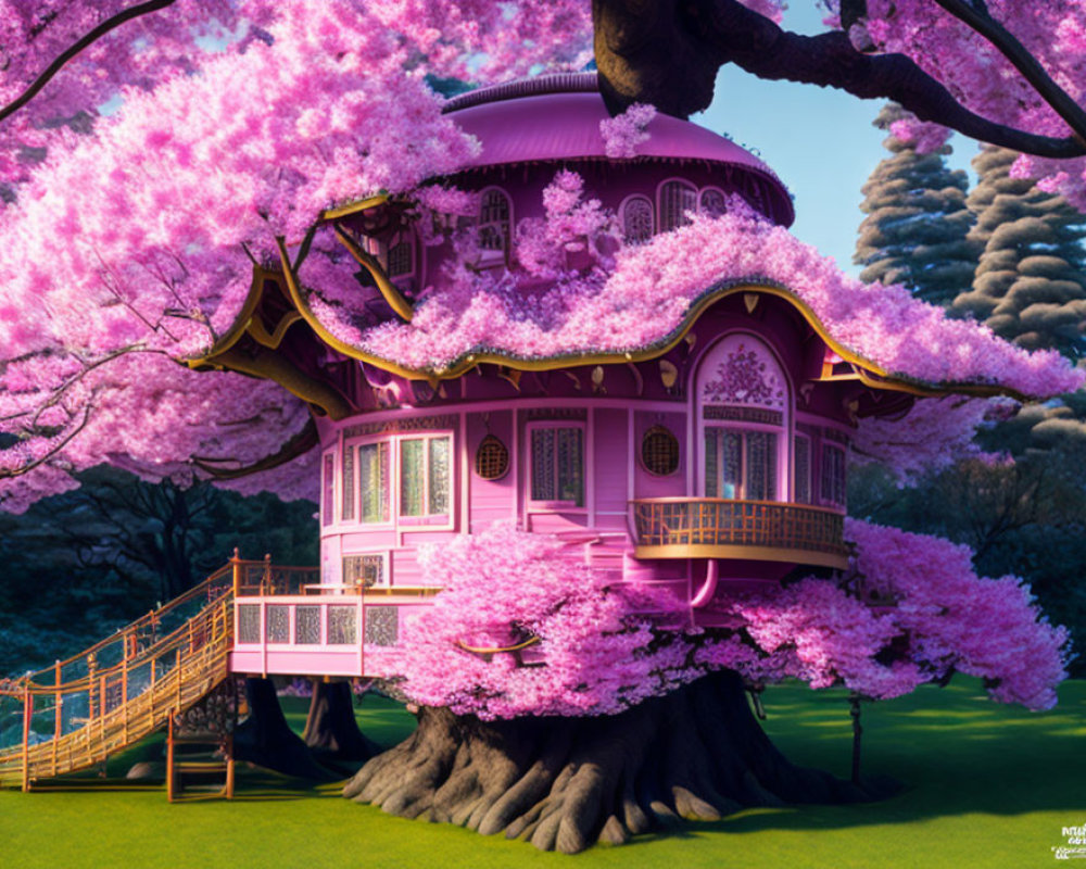 Pink cherry blossom treehouse with curving staircase and ornate balconies in lush setting