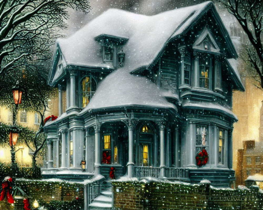 Victorian-style house with Christmas decorations in snow at dusk