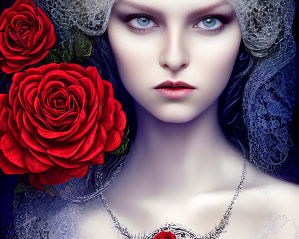 Pale woman with blue eyes, red roses in hair, lace veil, ornate necklace