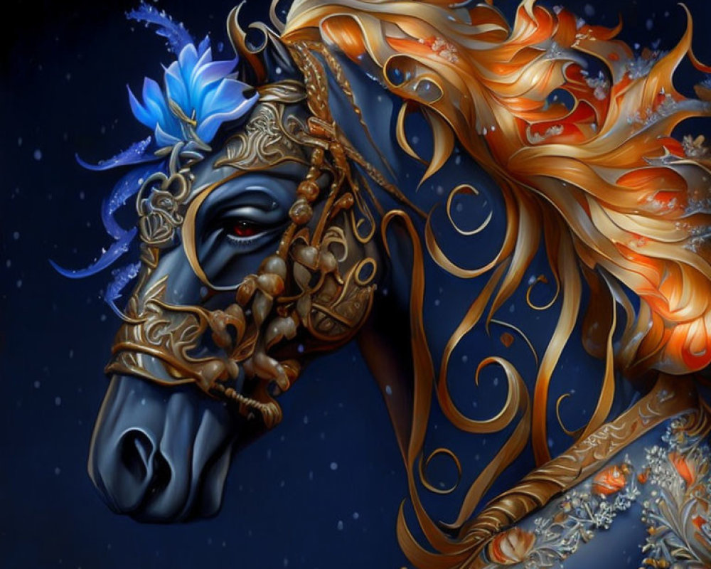 Stylized horse digital artwork with gold and blue decorations