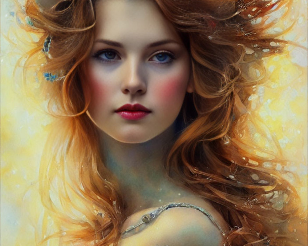 Portrait of a woman with red hair and blue flowers in mystical setting