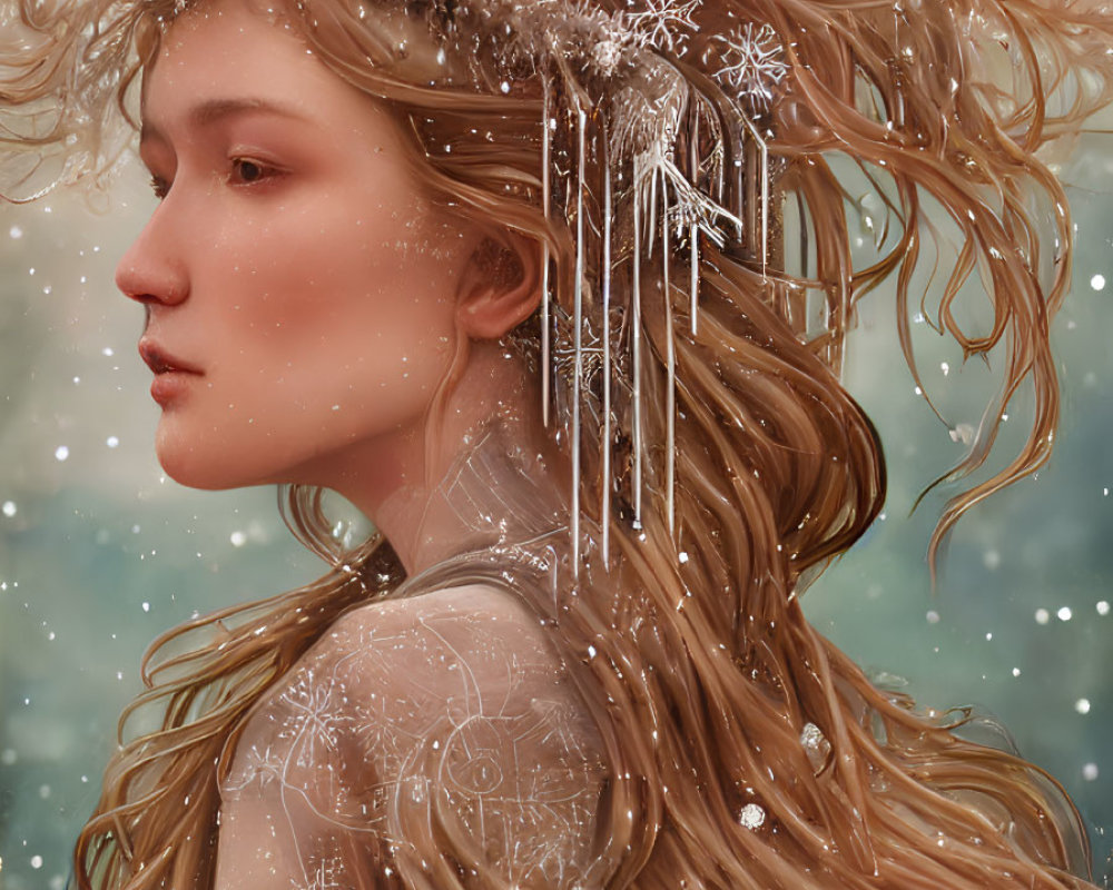 Blonde woman with frosty crown and snowflake earrings in snowy setting