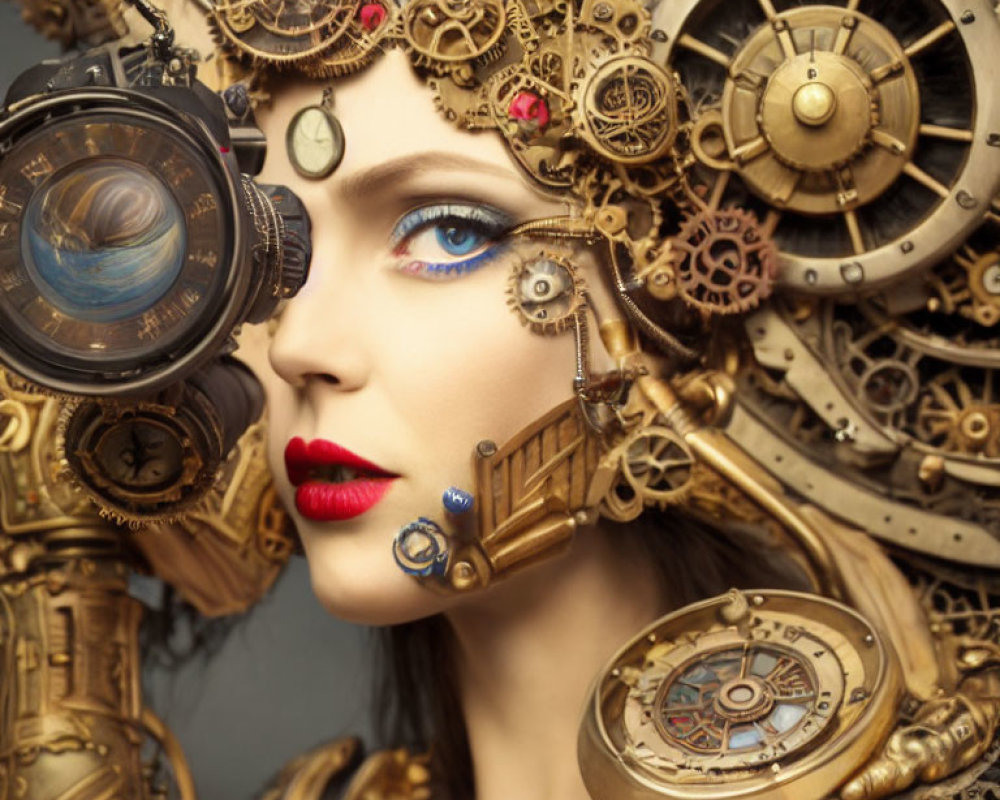 Woman with Steampunk Makeup and Cogwheels Telescope