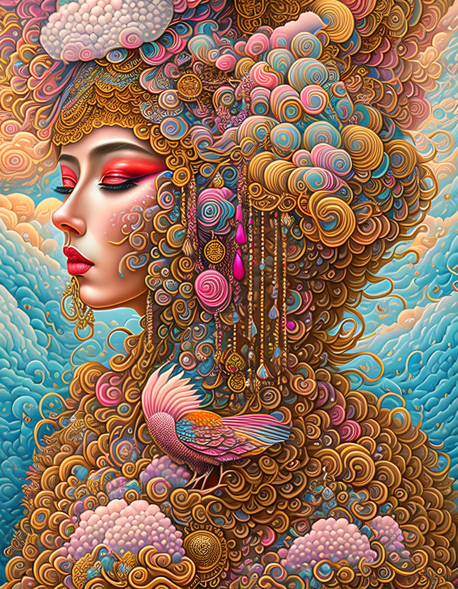 Vibrant digital artwork of a woman with intricate hair and bird on cloud background