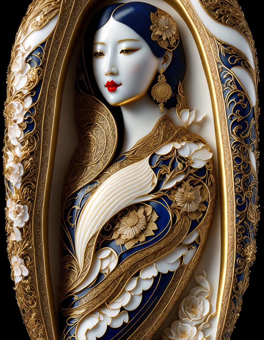 Hand Painted Scrimshaw Geisha made from Whale Bone