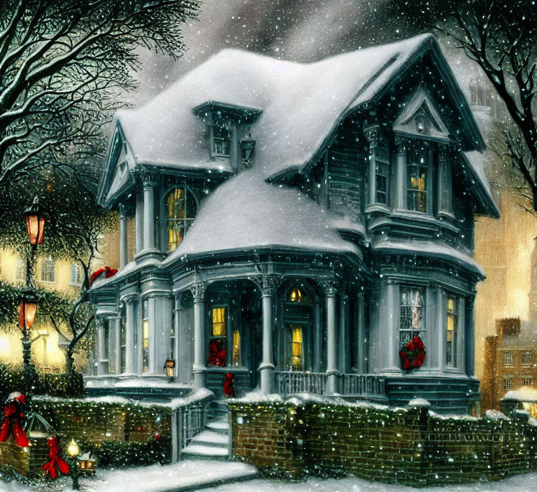 Victorian-style house with Christmas decorations in snow at dusk