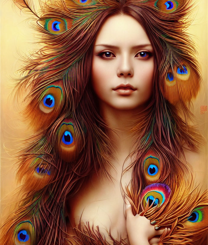 Digital painting of woman with peacock feathers in hair emitting warm glow