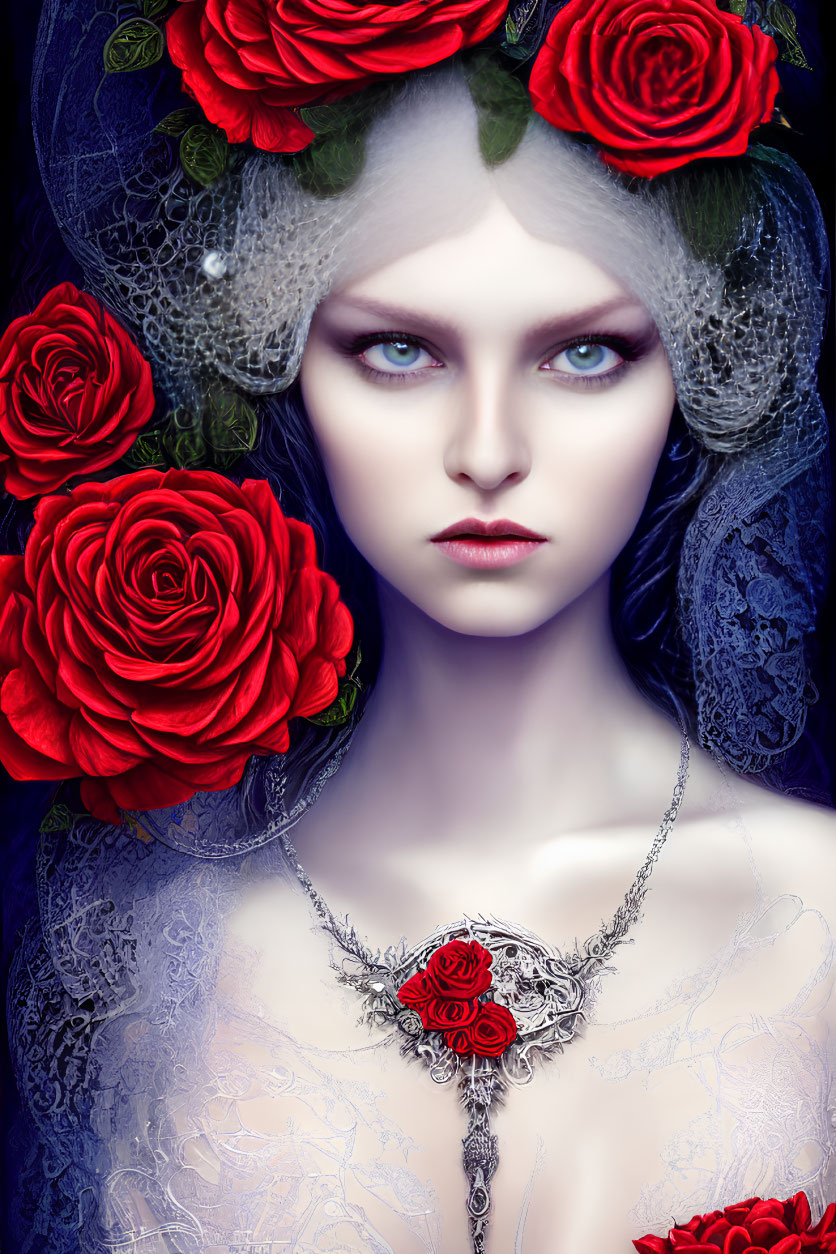 Pale woman with blue eyes, red roses in hair, lace veil, ornate necklace