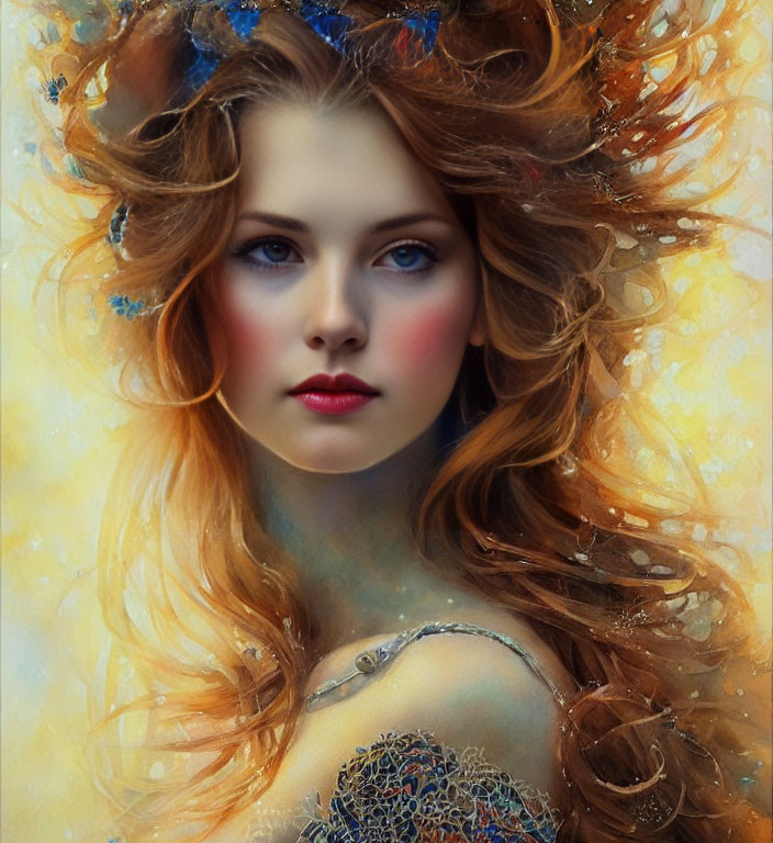 Portrait of a woman with red hair and blue flowers in mystical setting