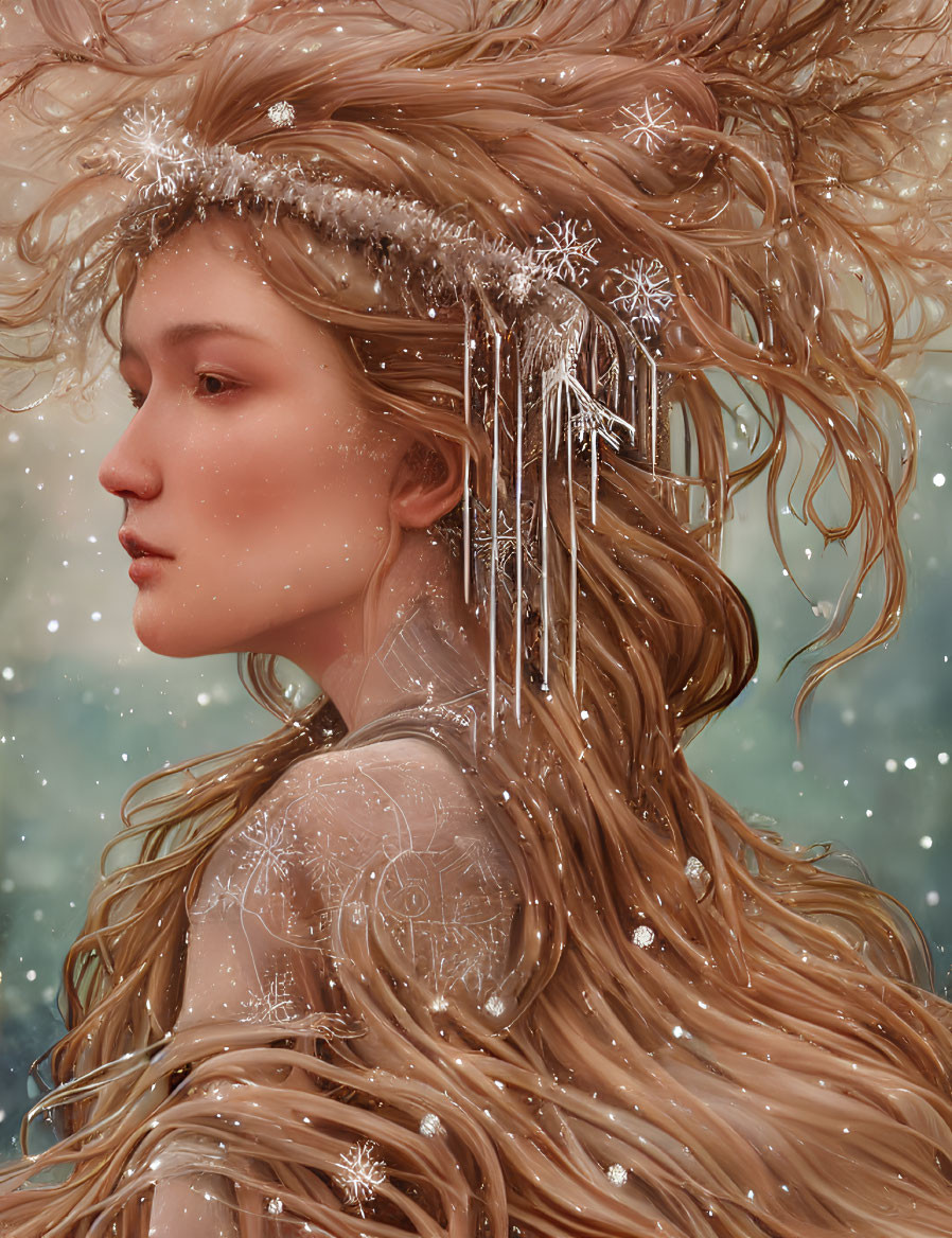 Blonde woman with frosty crown and snowflake earrings in snowy setting