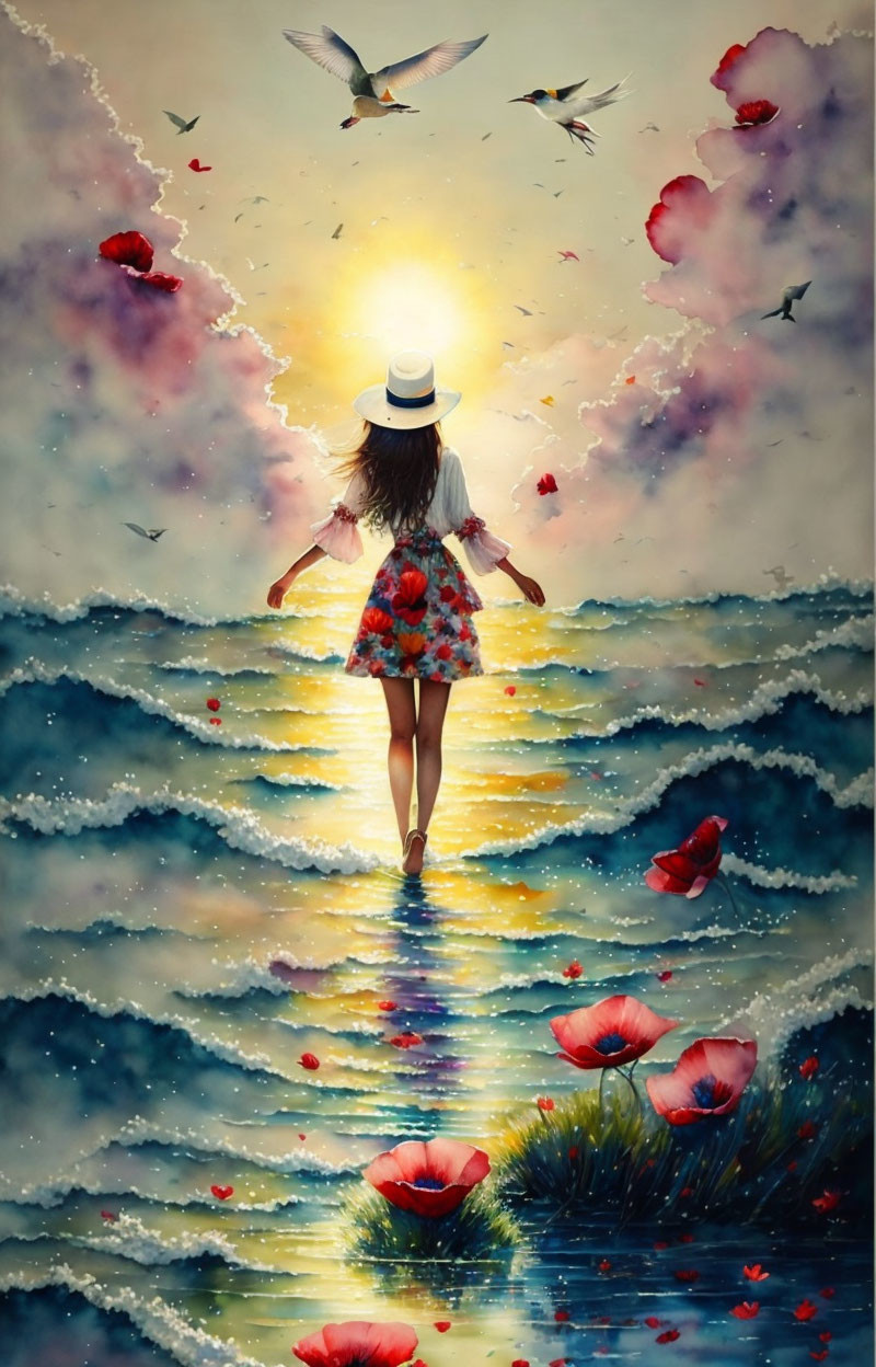 Woman in floral dress and hat walking on water at sunset with flying birds and red poppies