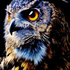 Colorful Owl Artwork with Blue, Orange, and Gold Feathers