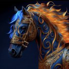 Stylized horse digital artwork with gold and blue decorations