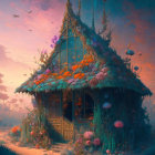 Enchanting cottage in mystical forest under twilight sky