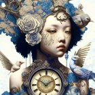 Surreal portrait of woman with floral, butterfly motifs, freckles, timepiece, hint
