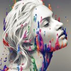 Ethereal digital artwork: woman with white hair and colorful crystals