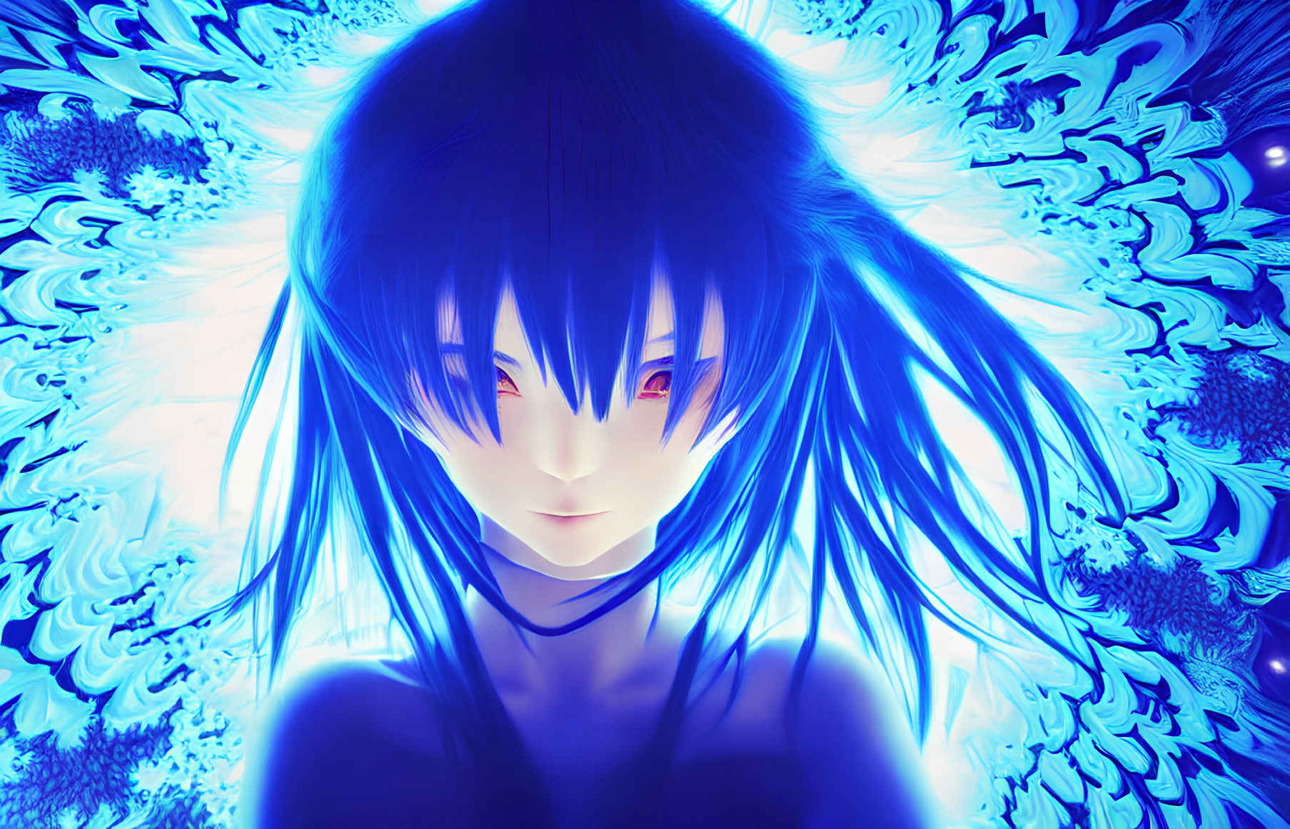 Illustration of character with blue hair and red eyes in glowing blue patterns