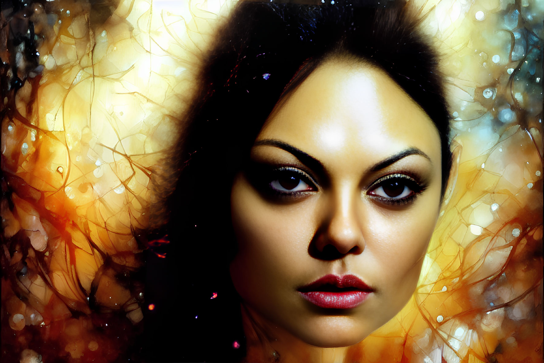 Dark-haired woman with striking eye makeup on abstract background in orange and yellow hues.