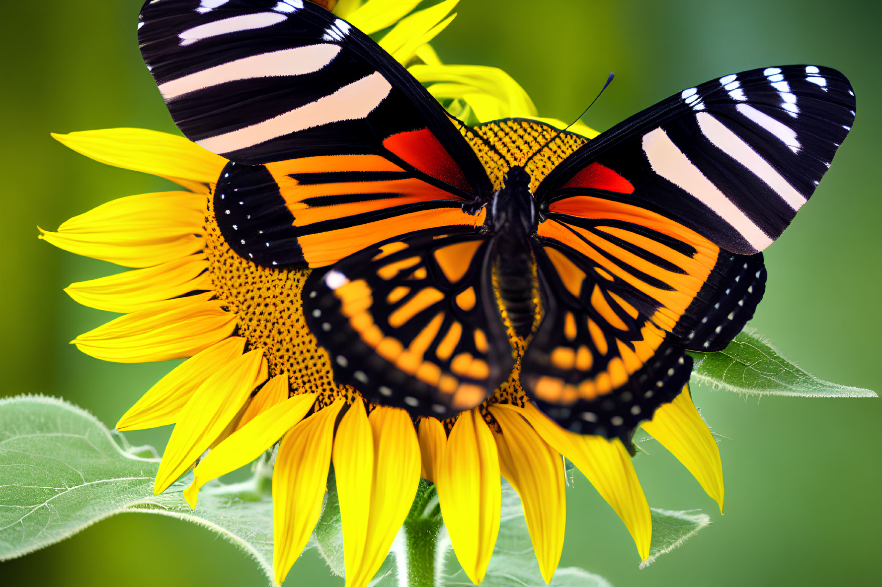 Colorful Butterfly on Yellow Sunflower with Green Background