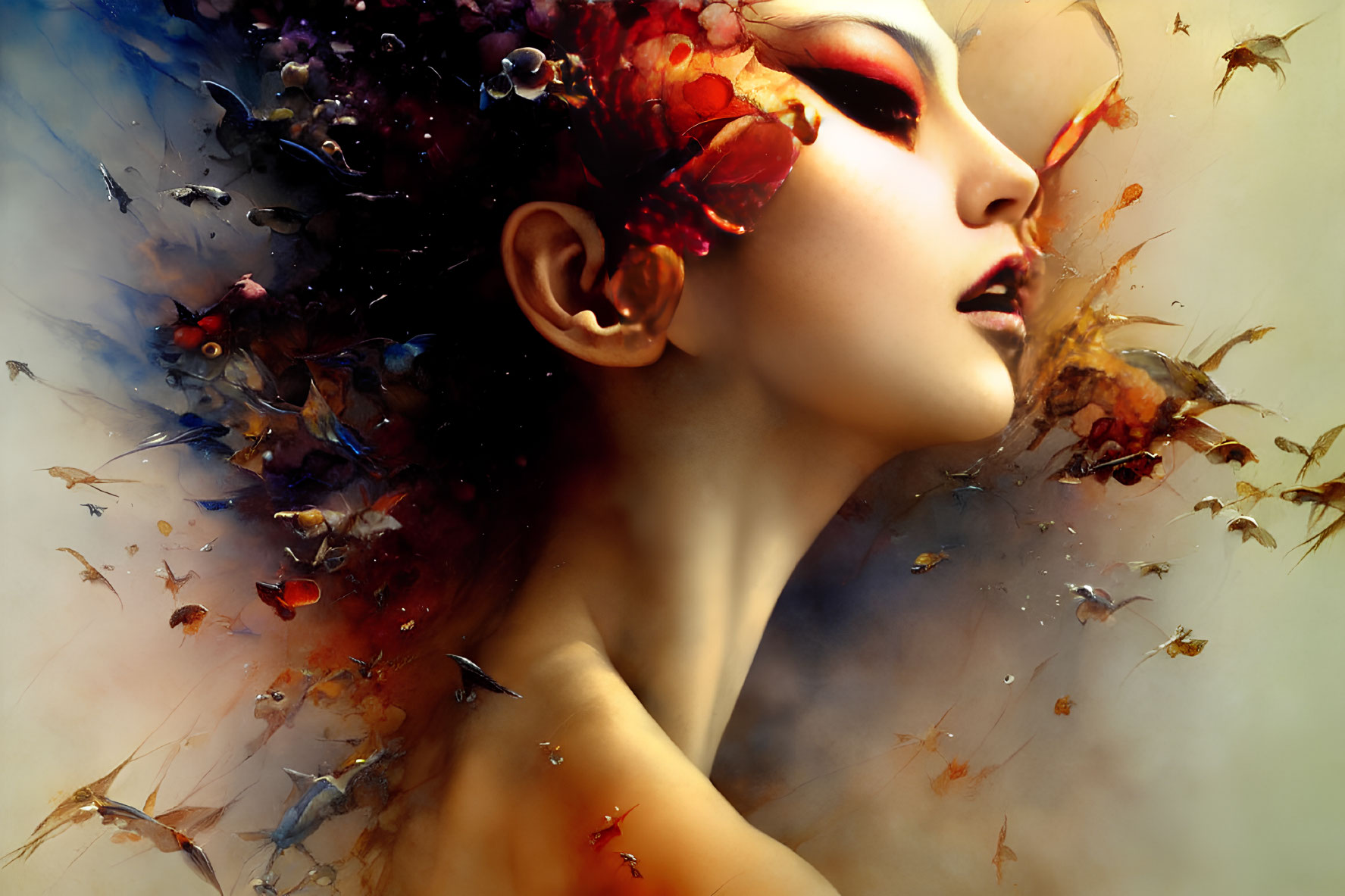 Colorful portrait of a woman with vibrant makeup and flying creatures in dreamy setting