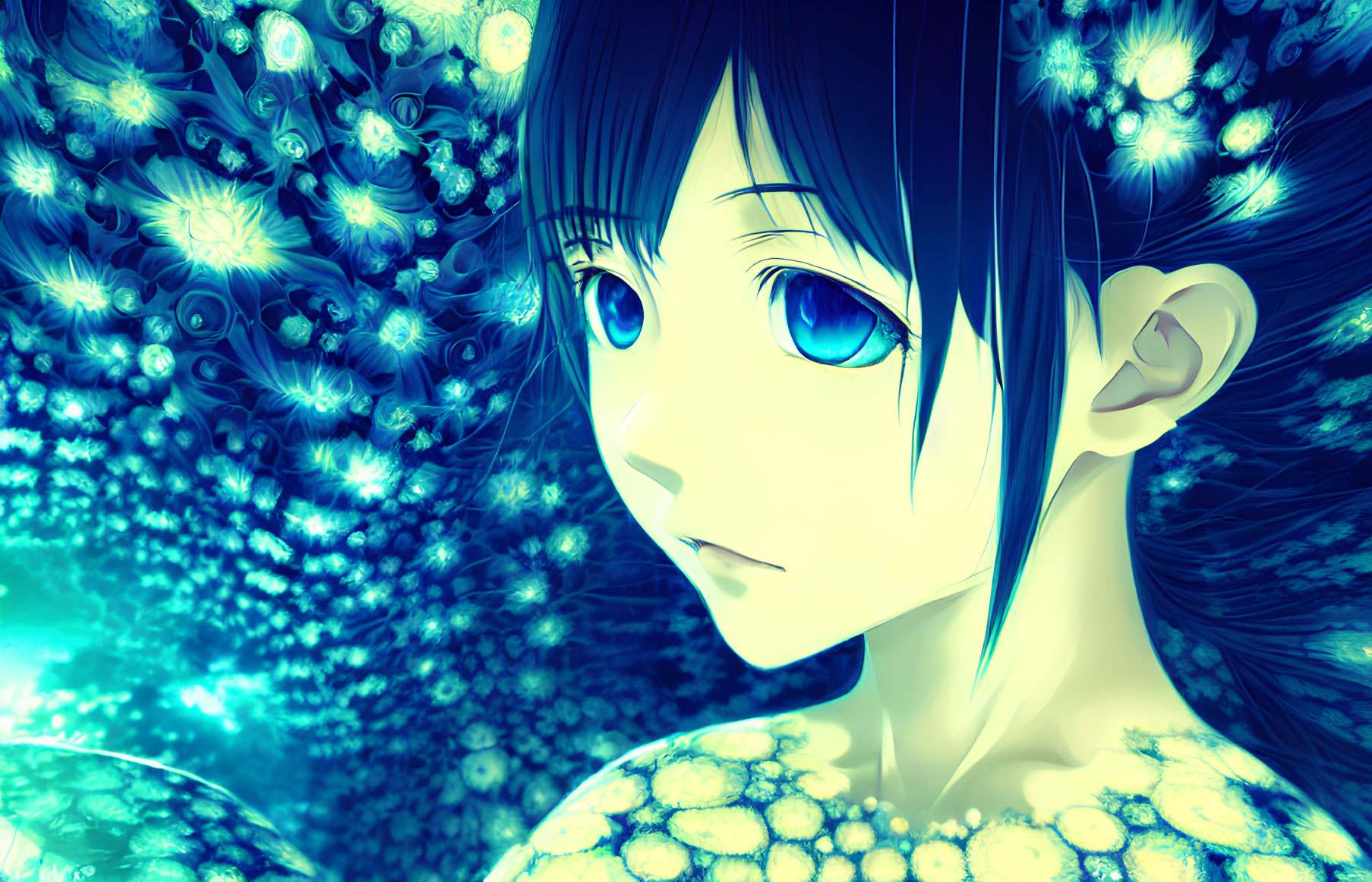 Blue-eyed anime girl with dark hair in fantasy setting with glowing blue flowers.